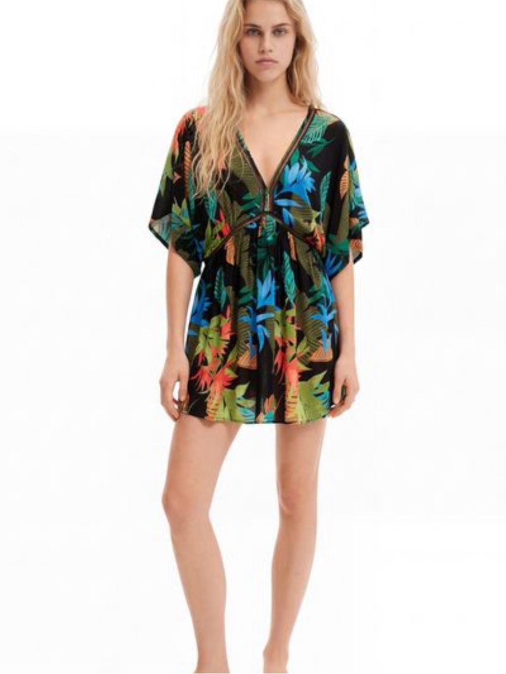 DESIGUAL NEW Tropical Party Blue Tunic Mini Dress Cover Up L Caftan